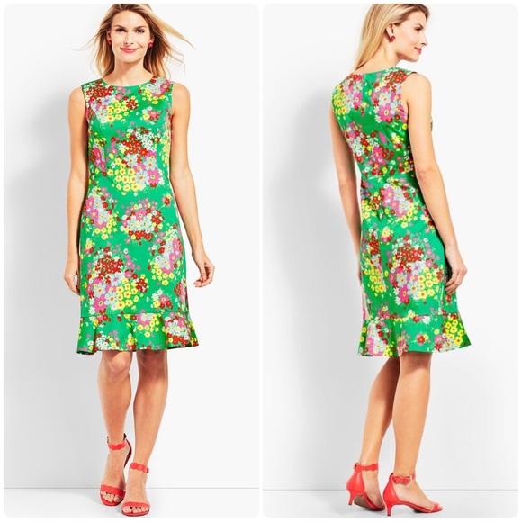 TALBOTS Green Cotton Blend Floral Flounce Hem Sleeveless Shift Dress Women’s 6 - Picture 1 of 9